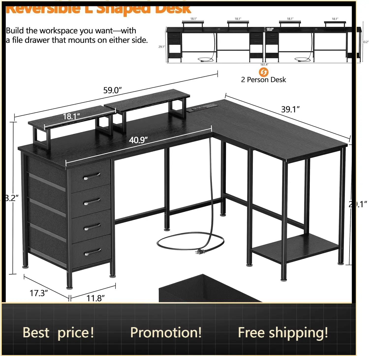 59 inch L Shaped Computer Desk - Home Office L Shaped Desk review and price