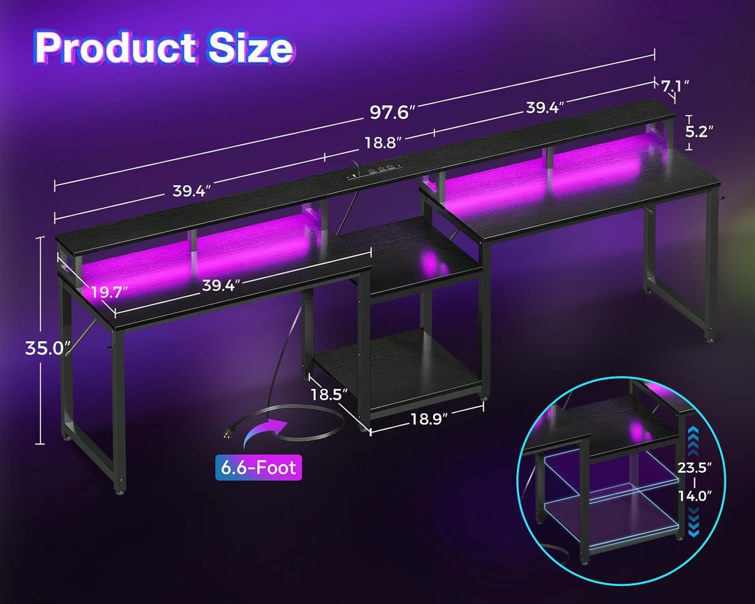 2 Person Gaming Desk with LED  - Home Office L Shaped Desk review and price